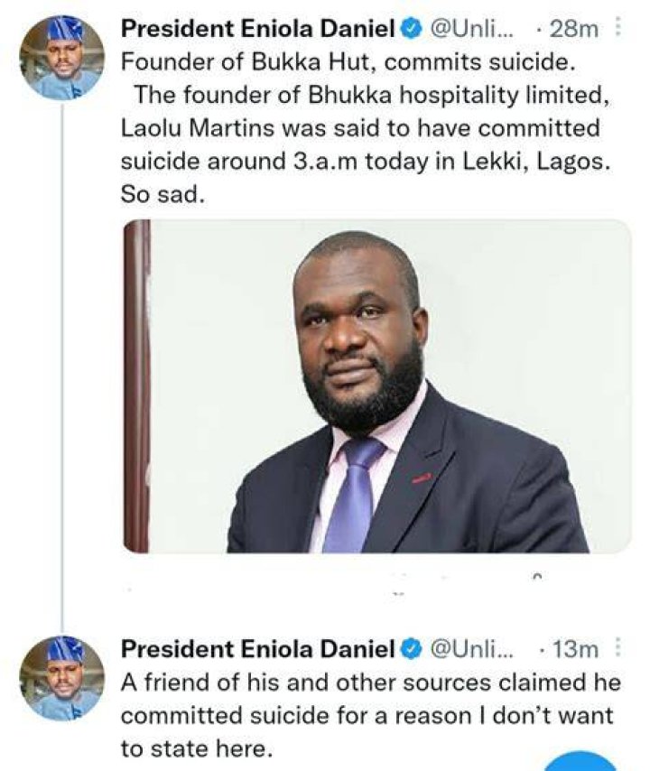 
Laura Ikeji, Other Celebrities React As Founder Of Bukka Hut, Laolu Martin Commits Suicide In Lekki, Lagos 